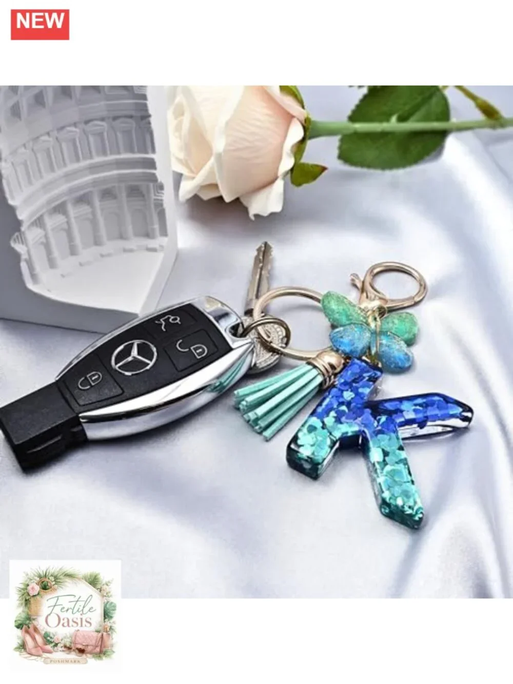 Butterfly Initial Letter Keychain Bag Charm Women Resin Tassel Accessory